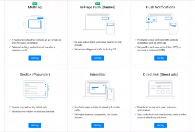 Programa de Afiliado PropellerAds Revisión : Formatos de anuncios de propelerads: Multitag, Push In Page, Notificaciones PUSH, POPUND, INTERSTICIAL, ENLACE DIRECTO