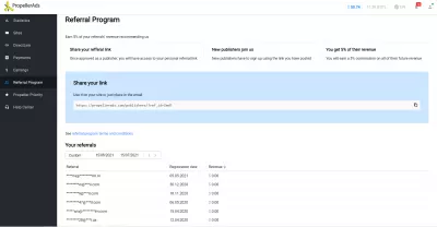 Revisió del programa d'afiliació de Propellerads : Programa d'afiliació de Propellerads Tauler de control amb guanys per editor sub-afiliat referit a la plataforma