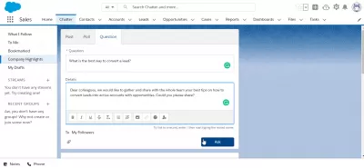 Salesforce Lightning: Como usar o Chatter (e por quê) : Adicionando uma pergunta em uma mensagem de conversa