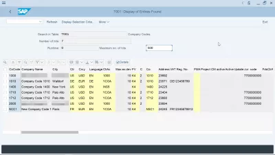 SAP FI에서 회사 코드 생성 : SE16N 일반 테이블 디스플레이에 표시된 회사 코드 테이블 T001