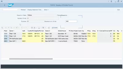 Hvordan oprettes et materiale i SAP? : Tabel til plante- og firmakodetildeling i SAP T001W vist i tabelviseren
