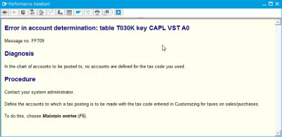Sporočilo FF709 o napaki pri določanju računa: tabela T030K : Sporočilo o napaki FF709