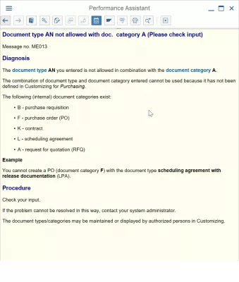 Решаване на грешка SAP RFQ ME013 Типът на документа не е разрешен с док. категория : Съобщение за грешка ME013 тип документ AN не е разрешено с док. категория А (моля, проверете входа)