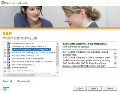 SAP GUI installation steps 750 : Selecting SAP components to install