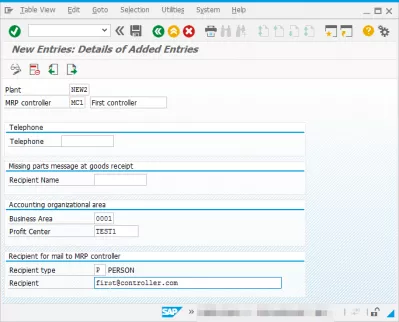 SAP Definiowanie kontrolera MRP (Planowanie potrzeb materiałowych) : Ekran tworzenia kontrolera MRP