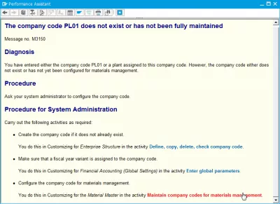 SAPエラーの解決方法会社コードが存在しないか、または完全に更新されていません。 : パフォーマンスアシスタントのエラーの説明