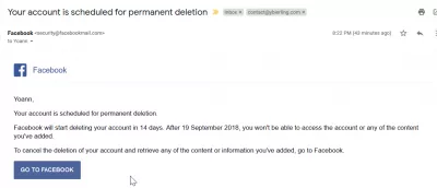 ¿Cómo elimino mi cuenta de Facebook? : Eliminar el correo electrónico de notificación de eliminación de cuentas permanentes de Facebook