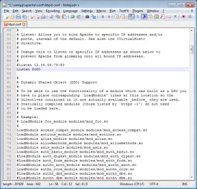 XAMPP error port 80 already in use : Apache default port changed to 8080 