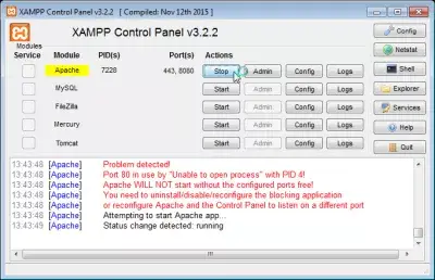 XAMPP port d'error 80 ja en ús : Reinicia el servidor apache