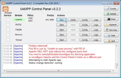 Port XPS chyby 80 se již používá : Apache začala v XAMPP