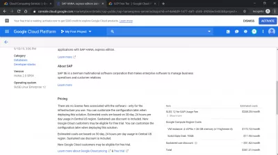 Kaip sukurti „Google Cloud“ paskyrą? : „„Google Cloud““ platformos kaina of $381 per month for SAP HANA express edition