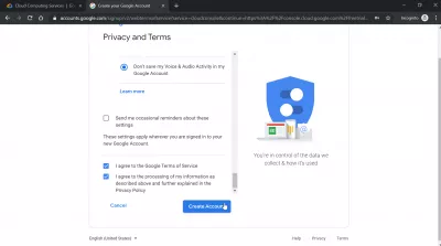 Kako stvoriti Google Cloud račun? : Privatnost i uslovi