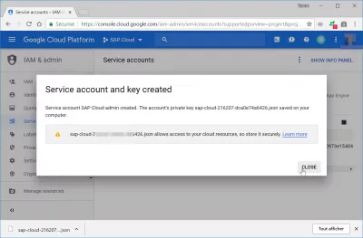 ¿Cómo crear una cuenta de servicio Google Cloud? : Cuenta de servicio de GCloud y clave creada y descargada en la computadora