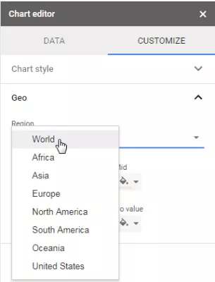 Cách tạo bản đồ tương tác trong Google Sheets : Chọn khu vực thế giới hiển thị của biểu đồ bản đồ