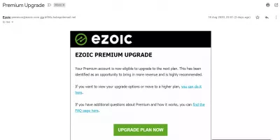 Ezoicプレミアムレビュー–価値はありますか？ : Ezoicプレミアムアップグレード通知メール