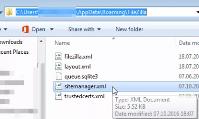 FileZilla לאחזר סיסמה של חיבור אתר FTP ב- Windows : מיקום החלון של הקובץ sitemanager.xml