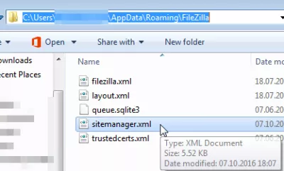 FileZilla hakee FTP-verkkosivustoyhteyden salasanan Windowsissa : Sitemanager.xml-tiedoston ikkunan sijainti