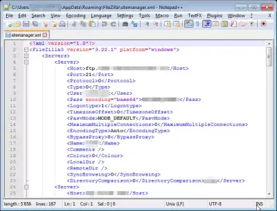 FileZilla recupera la contraseña de una conexión de sitio web FTP en Windows : Detalles de las conexiones FTP en el archivo sitemanager.xml