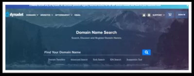 ドメイン名を選択する方法は？ : Dynadot公式ウェブサイトのメインページ、ドメイン名を確認するための検索バー付き