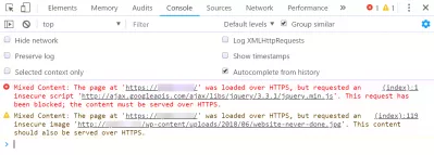 How To Fix Mixed Content Warning In Wordpress In Easy Steps : Mixed content error from WordPress as seen in Chrome browser console