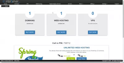 Interserver web hosting review of an account creation : Interserver admin console with one domain and one web hosting