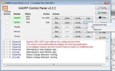 PHPMyAdmin修復表 : XAMPP控制面板中的MySQL錯誤日誌