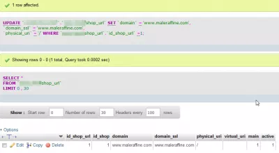 Prestashop 1.6 change shop base URL : PHPMyAdmin update success confirmation 