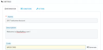 Prestashop how to create discount and voucher codes (percentage, fixed amount, ...) : Cart rule information entry