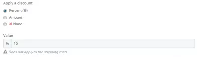 Prestashop how to create discount and voucher codes (percentage, fixed amount, ...) : Selection of percentage discount type and voucher value entry