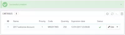 PrestaShop kako stvoriti kodove popusta i bonova (postotak, fiksni iznos, ...) : Potvrda uspjeha izrade pravila o košarici