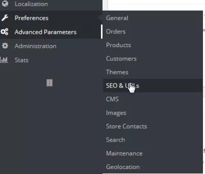 Otimização de URL SEO Prestashop : Seleção de menu de SEO e URLs