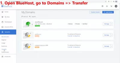 Transfer Domain From Bluehost To Squarespace, Gandi Or Another Registrar Made Easy: 16 Steps With Pictures : 1. Open BlueHost, go to Domains => Transfer