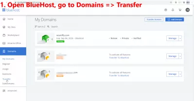 Transferați domeniul de la Bluehost la Squarespace, Gandi sau alt registru ușor: 16 pași cu imagini : 1. Deschideți BlueHost, accesați Domenii => Transfer