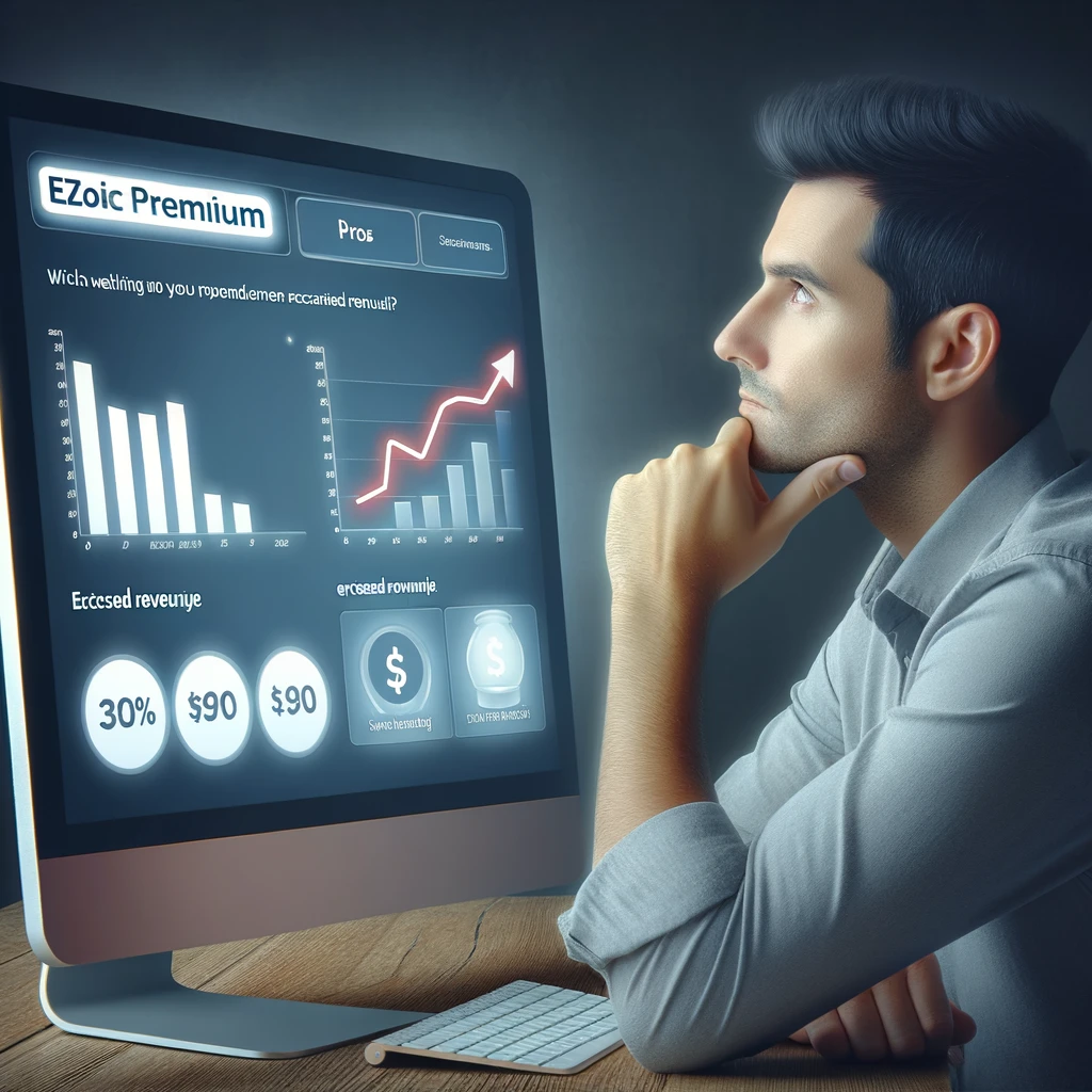 A website owner is thoughtfully looking at the Ezoic Premium dashboard on a computer screen, which displays positive revenue graphs and statistics, embodying the consideration of 'is ezoic premium worth it' for their website monetization strategy.