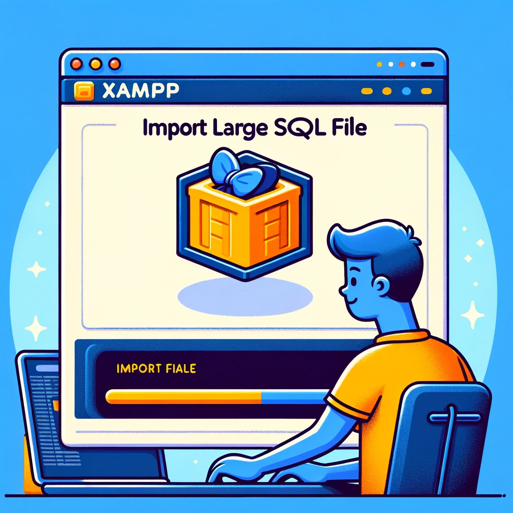 A user is depicted at a computer with the XAMPP control panel open and phpMyAdmin displayed, showing a complete progress bar for a 'xampp import large sql file' operation.