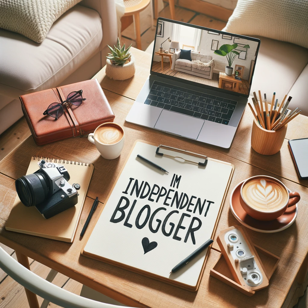 An 'independent blogger' in a home office setting, focused on creating content.