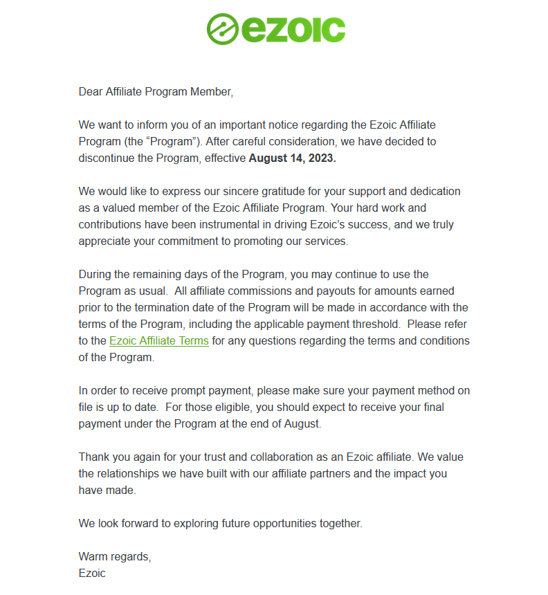 Ezoic affiliate program closing down: what are the alternatives? : Ezoic affiliate program closing down notification email with 30 days period