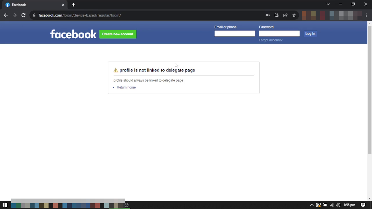 [Facebook page error solved] Profile is not linked to delegate page: profile should always be linked to delegate page : Facebook professional profile login issue: profile is not linked to delegate page