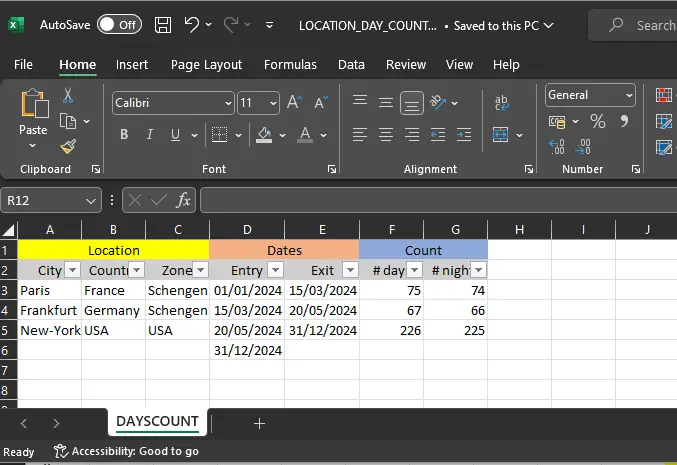 Kako se digitalni nomad može izjaviti nebitan i platiti nultu porez : Besplatna proračunska tablica Excel za praćenje broja dana koji su boravili u nekoj zemlji.