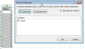 Excel data remove duplicates popup options