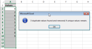 Excel data remove duplicates success message