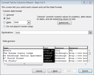 Microsoft Excel paste CSV into cells : Step 3 change column format to text