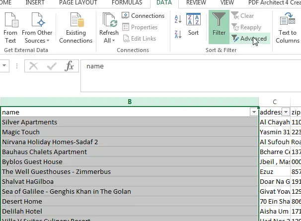 Microsoft Excel 2013 filter on multiple (1, 2 or more than 2) criterias : Selection of the list to filter with multiple criteria