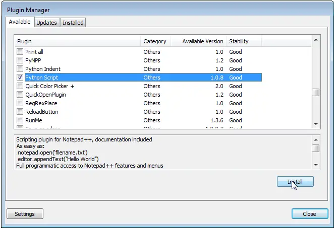 Notepad++ install Python Script plugin with Plugin Manager : Select Python Script plugin