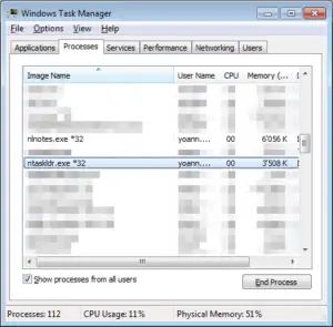 Lotus Notes solve "An error was encountered while opening a window" : Locate process ntaskldr.exe to terminate