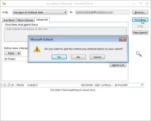 Outlook find lost folder in folder hierarchy : Add criteria if forgotten