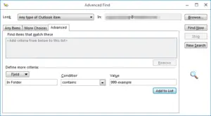 Outlook find lost folder in folder hierarchy : Add criteria to search list
