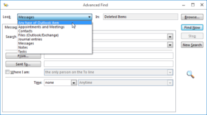 Outlook find lost folder in folder hierarchy : Advanced find window, Any type of Outlook item