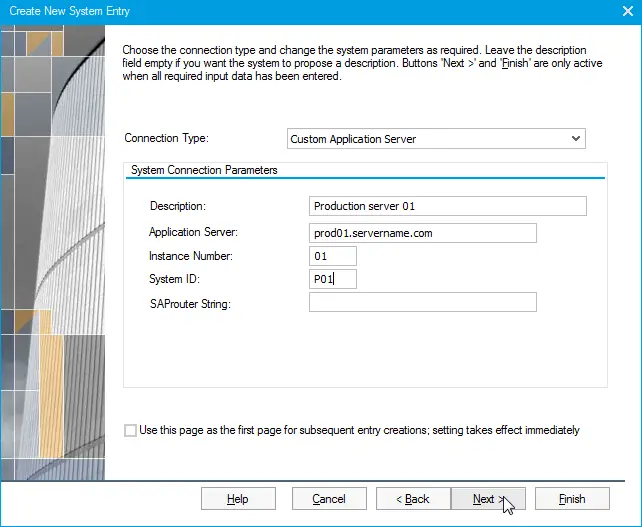 SAPLogon Add server manually to the server list : Enter the System Connection Parameters