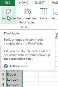 How to count the number of occurrences in a list with a pivot table in Excel : Creation of a pivot table